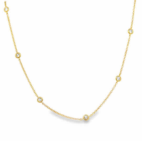 18 Karat Yellow Gold Bezel Station Necklace with Round Brilliant Cut Diamonds
