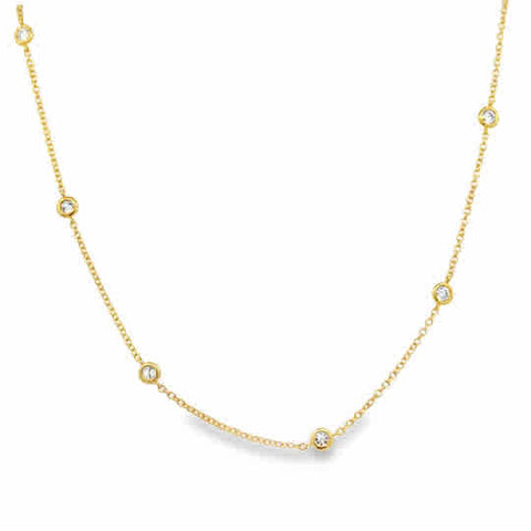 18 Karat Yellow Gold Bezel Station Necklace with Round Brilliant Cut Diamonds