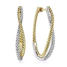 Twist Rope Elongated Hoop Earrings | 14k White/Yellow