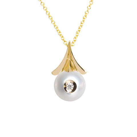 14k Yellow Gold Diamond in a Pearl Necklace with One 9.5mm Freshwater Pearl and One 0.04ctw G/H Si1 Round Diamond on a 18in Rolo Chain