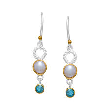 Dangle Bezel Set Earrings With Round Blue Topazs And Fresh Water Pearls | Tt Sterling Silver/22K Gold Vermeil