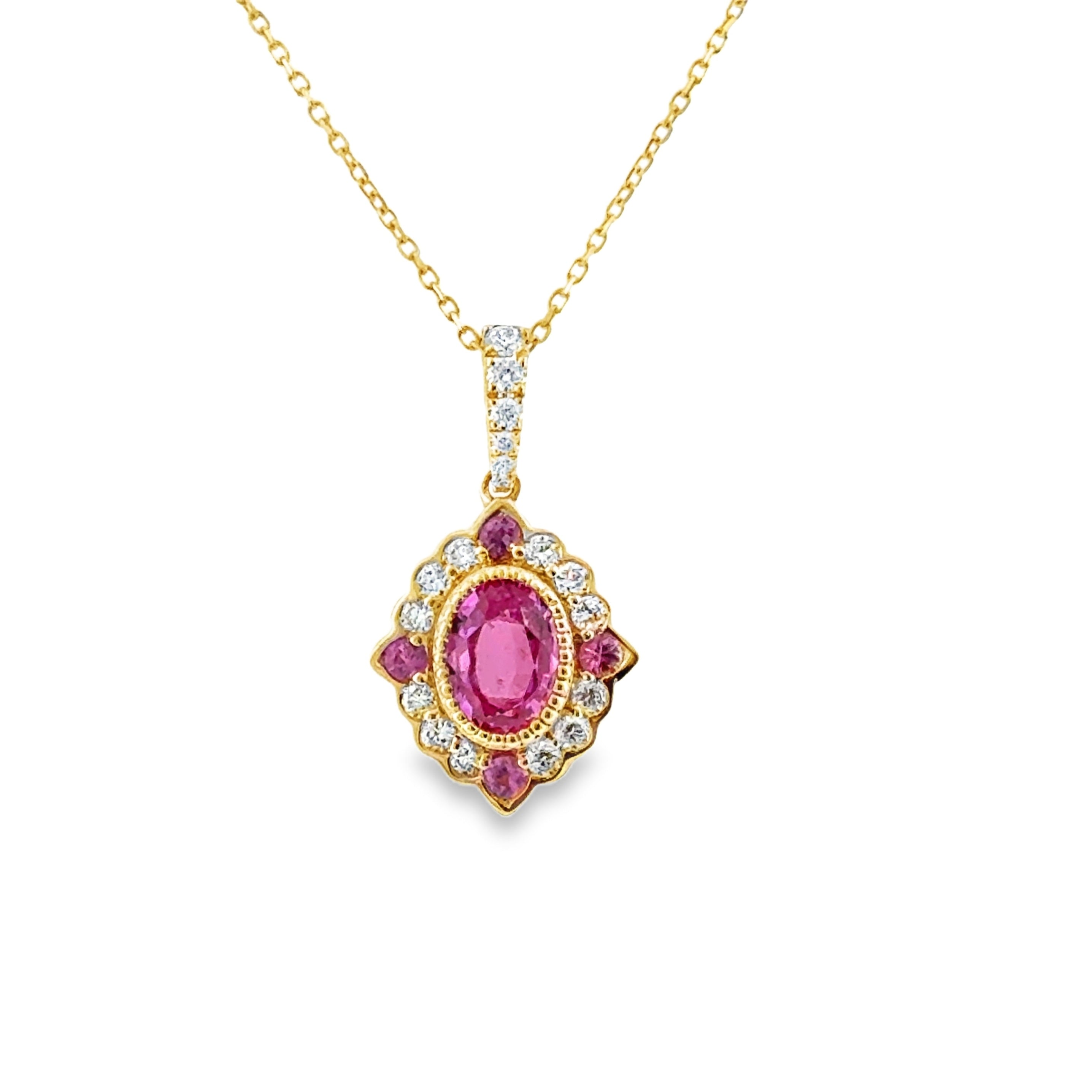 14 Karat Yellow Gold Modern Halo with .97ctw Pink Sapphires and .23ctw Round Brilliant Cut Diamonds