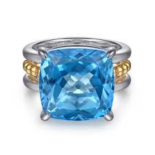 Lady's Yellow/White 14K/Sterling Silver Multi Rows, Beaded Fashion Ring Size 6.5 one = 14.08ct Cushion Blue Topaz