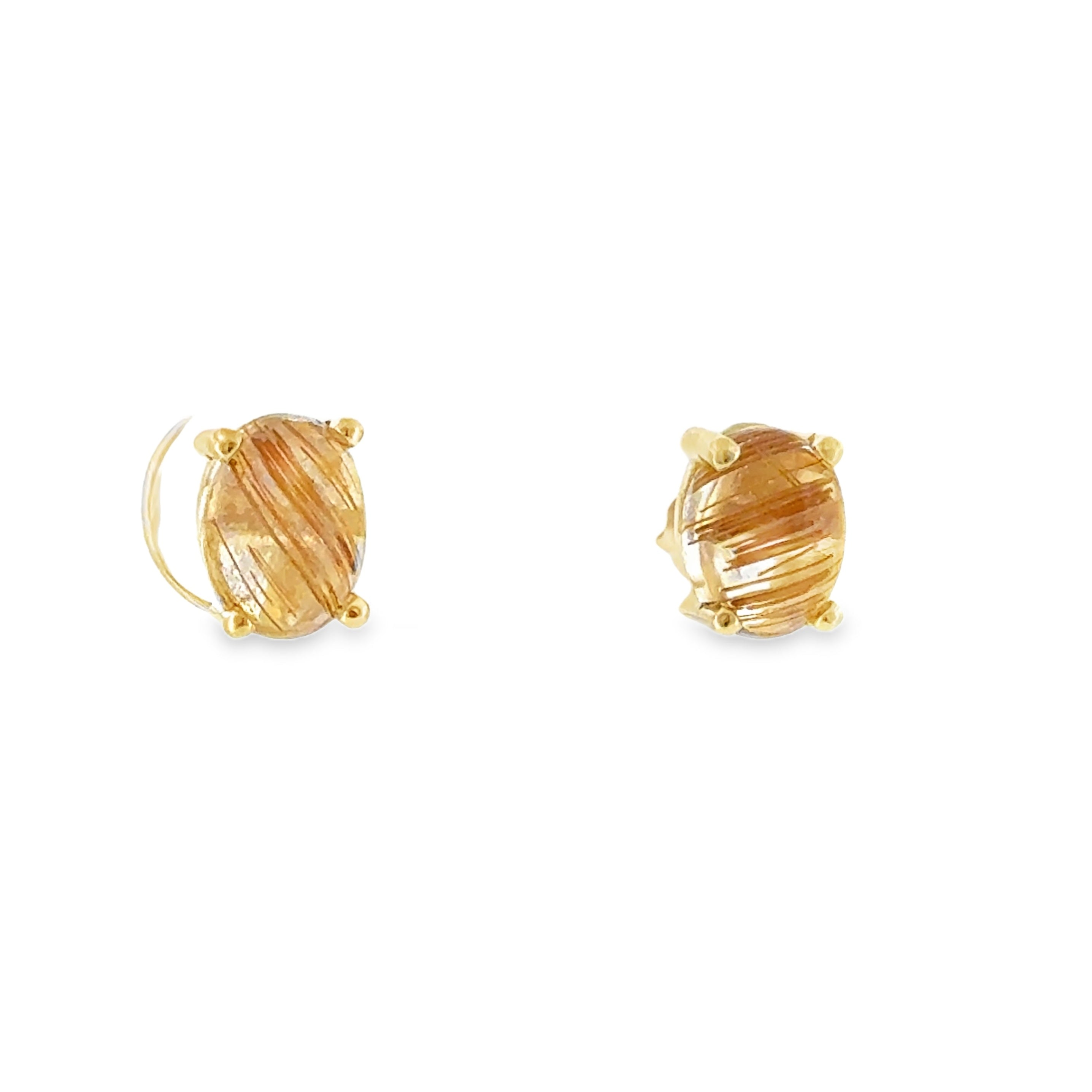 14 Karat Yellow Gold Cabochon Stud Earrings with Two (2) Rutilated Quartz, 1.80 Carats Total Weight