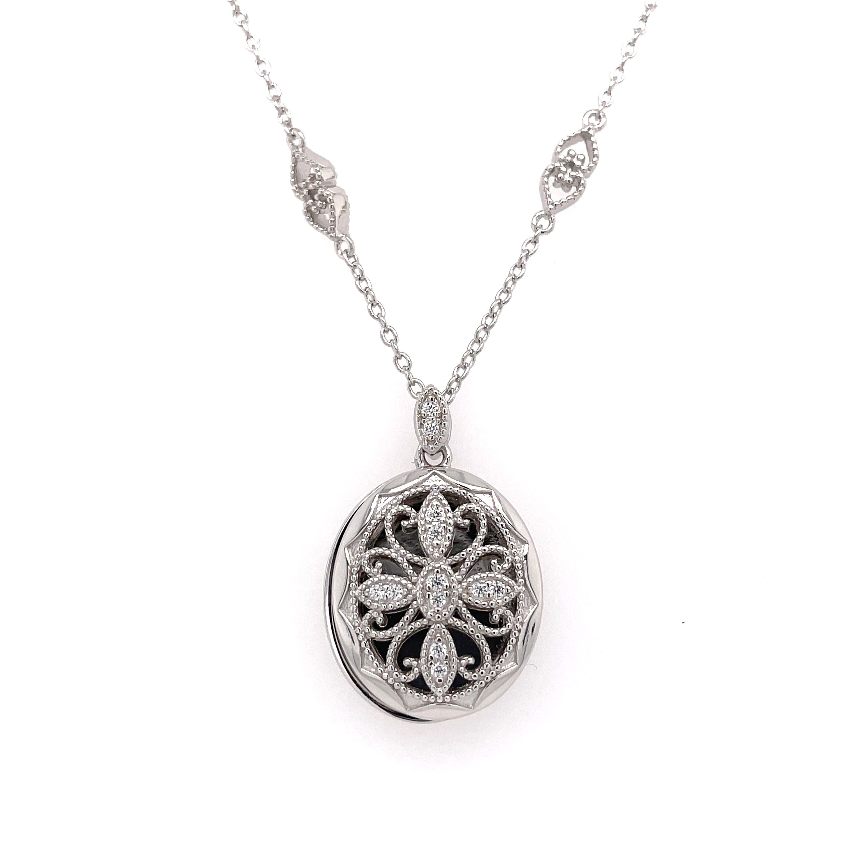 White Sterling Silver Addison, Oval Locket Jewelry With Round Cubic Zi