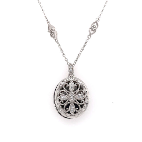 White Sterling Silver Addison, Oval Locket Jewelry With Round Cubic Zi