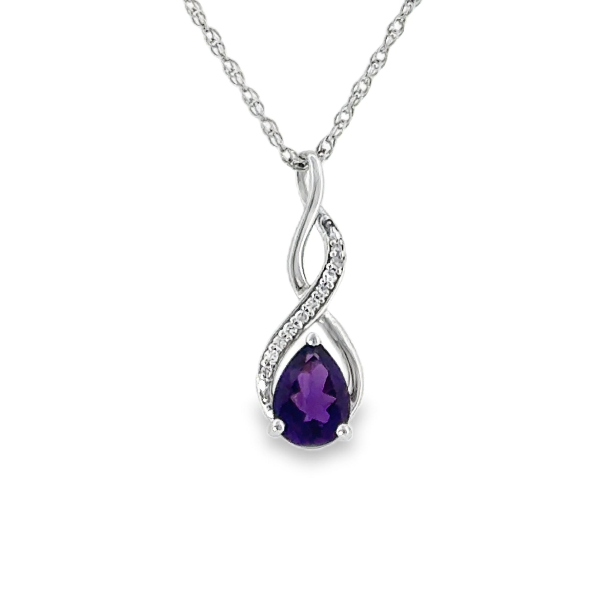 Sterling Silver Twist Pendant with .83ctw Pear Cut Amethyst and .05ctw Round Brilliant Cut Diamonds