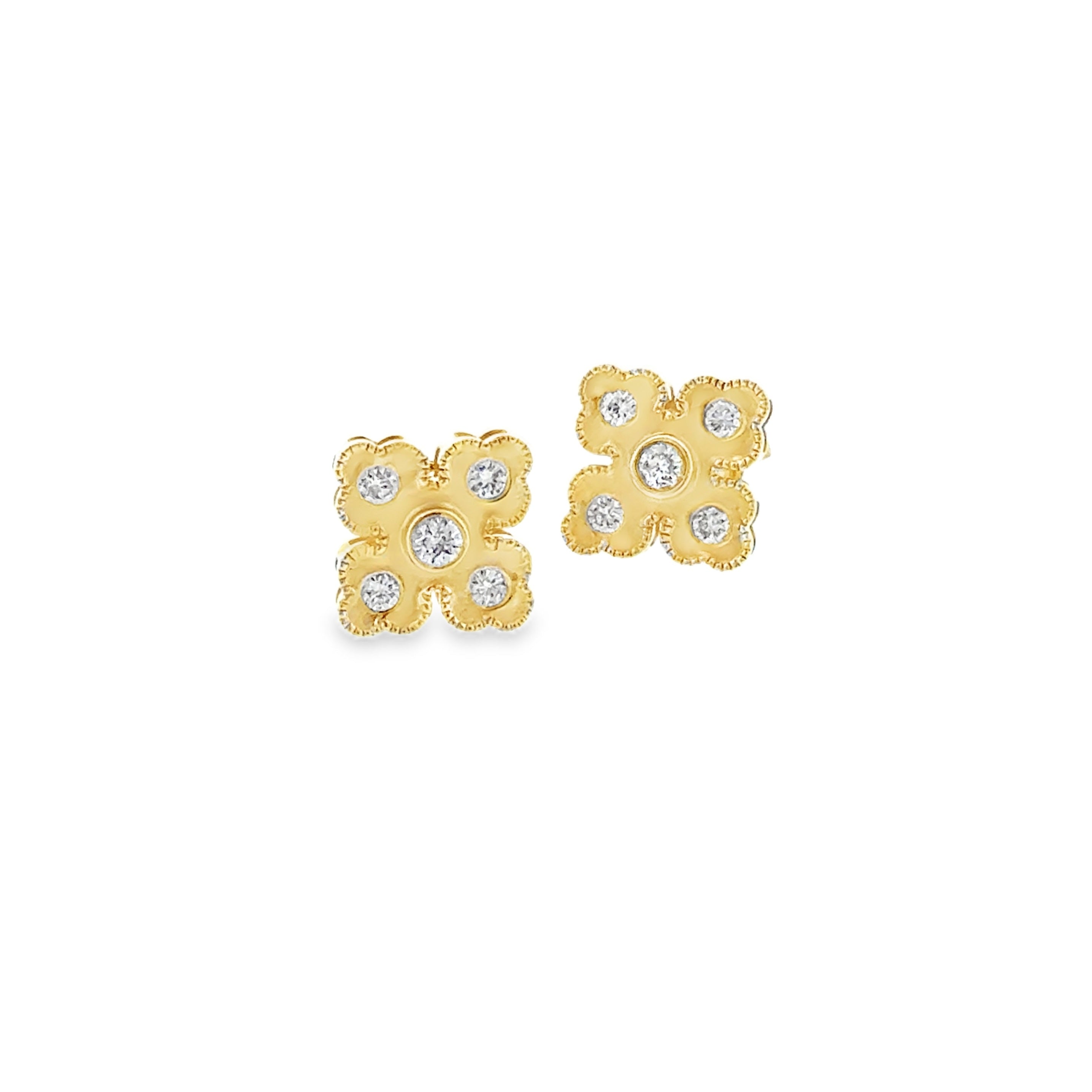 Lady's Yellow 14 Karat Brushed Floral Studs Earrings With 10=0.24Tw Round H/I Si2 Diamonds Reg $1900 Vendor Price $950Purchases made from our Vendor Price case are not eligible for "complimentary" services. Standard ring sizings, setting fees, and yearly