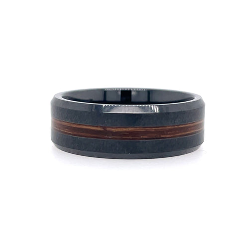 Gent's Black Ceramic 8Mm With Beveled 2Mm Bourbon Grain Edge Gents Rin