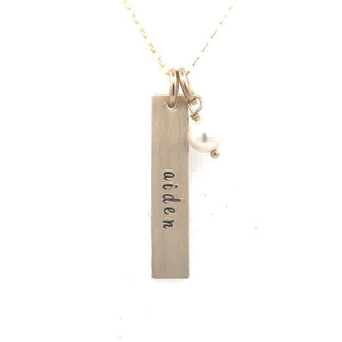 Lady's Yellow Gold Filled Rectangle Names With Single Pearl Necklace