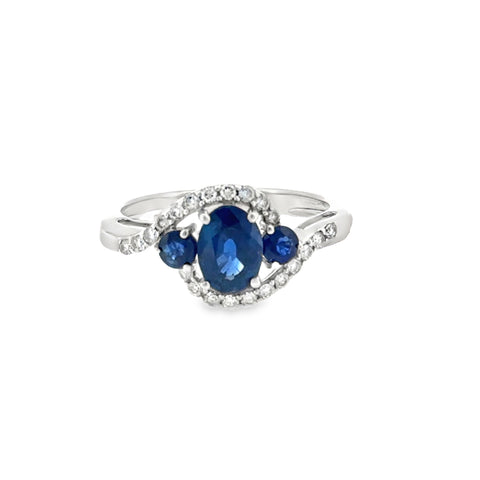 14 Karat White Gold Three Stone Fashion Ring with .87ctw Sapphires And .25ctw Round Brilliant Cut Diamonds