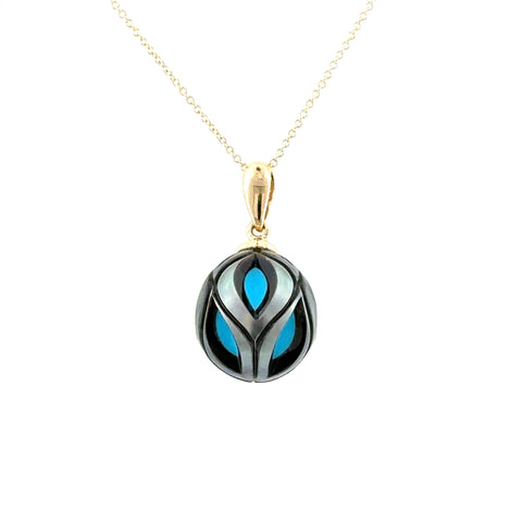 14 Karat Yellow Gold 13mm Freshwater Black Pearl with Turquoise Bead