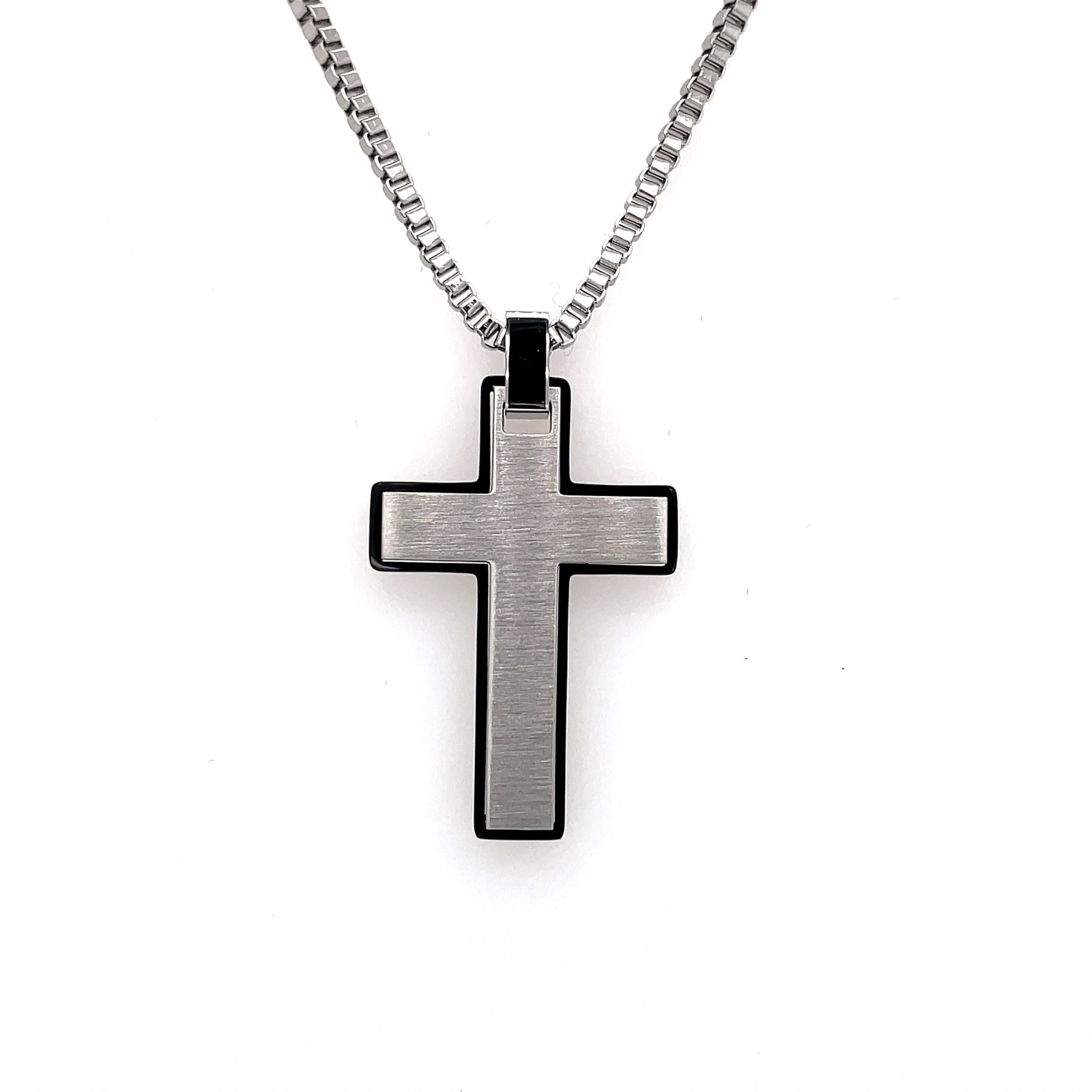 Black/White Stainless Steel Brushed Cross Pendant With Chain. 22 Inch