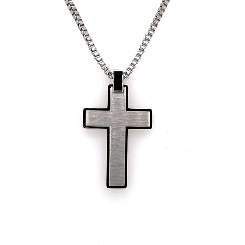 Black/White Stainless Steel Brushed Cross Pendant With Chain. 22 Inch