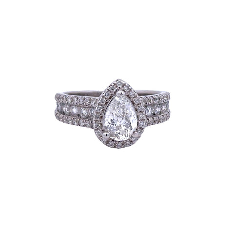 Lady's White 14 Karat Pear Halo With Cathedral Ring With One 1.00Ct Pe