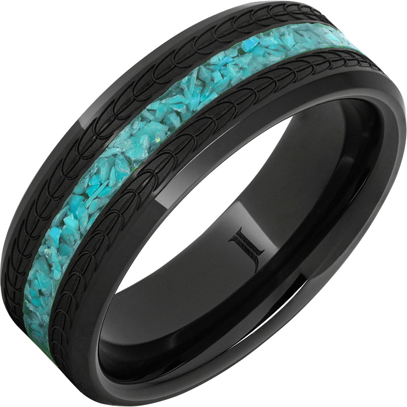 Gent's Black Ceramic Polish 8Mm With 2Mm Turquoise Inlay, Beveled Edge Gents Ring Size 11