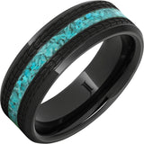 Gent's Black Ceramic Polish 8Mm With 2Mm Turquoise Inlay, Beveled Edge Gents Ring Size 11