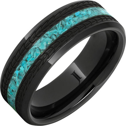 Gent's Black Ceramic Polish 8Mm With 2Mm Turquoise Inlay, Beveled Edge Gents Ring Size 11