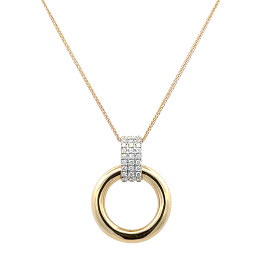Yellow 14 Karat Circle With Pave' Bar Pendant With 27 = 0.10Tw Round H