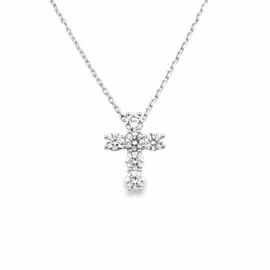 Lady's White Platinum Shared Prong Cross Necklace Length 16 With 6 = 0