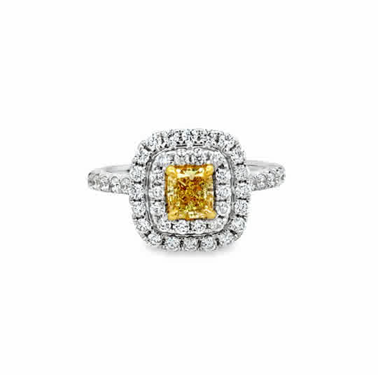 18 Karat White and Yellow Gold with Radiant Cut Diamond and Round Brilliant Cut Diamond