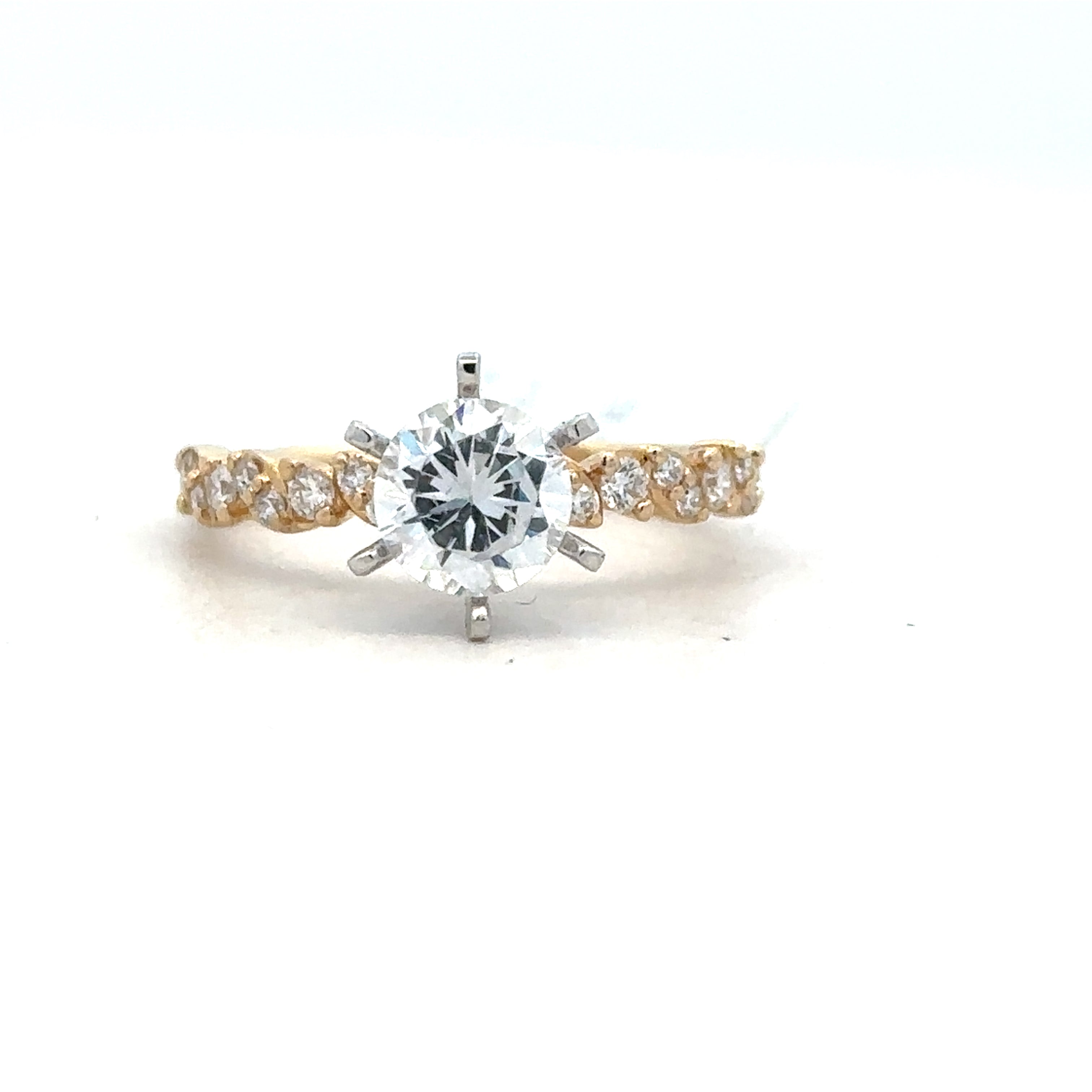 Yellow 14 Karat Alternating Ring With One = Round Cubic Zirconium And