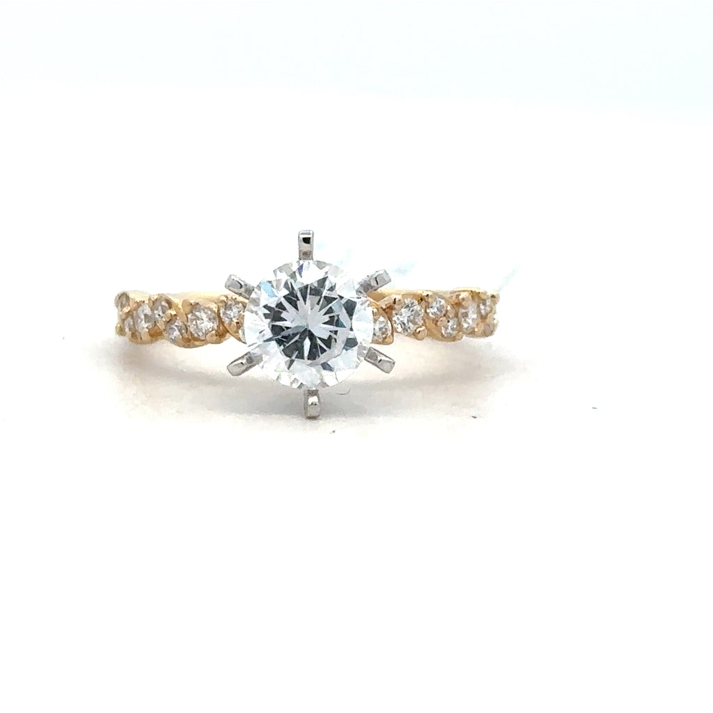 Yellow 14 Karat Alternating Ring With One = Round Cubic Zirconium And
