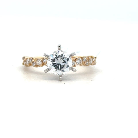 Yellow 14 Karat Alternating Ring With One = Round Cubic Zirconium And