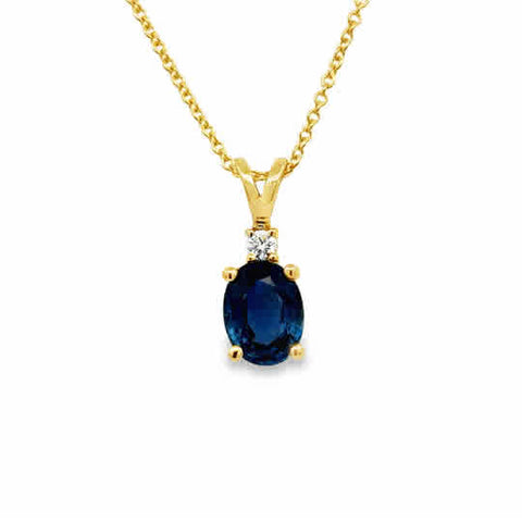 14 Karat Yellow Gold Pendant with 8x6mm, "Better" Oval Cut Sapphire, with Round Brilliant Cut Diamonds