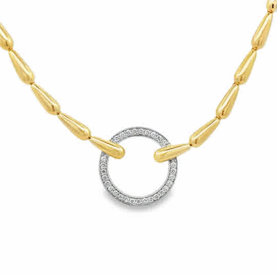 14 Karat Yellow and White Gold Circle Necklace with Textured Links, with Round 0.33tw G/H Si1 Diamonds