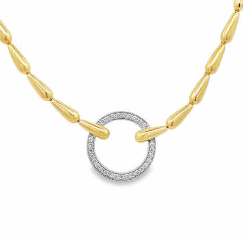 14 Karat Yellow and White Gold Circle Necklace with Textured Links, with Round 0.33tw G/H Si1 Diamonds