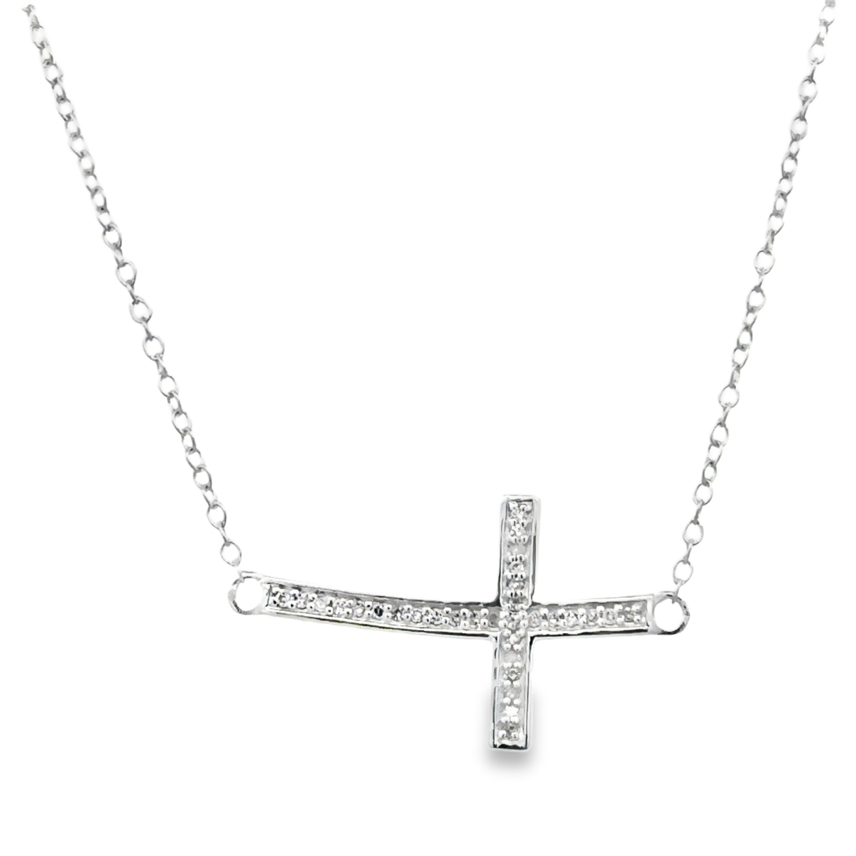 White Sterling Silver Curved Stationary Cross Pendant With = 0.10Tw Ro
