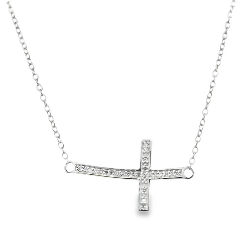 White Sterling Silver Curved Stationary Cross Pendant With = 0.10Tw Ro