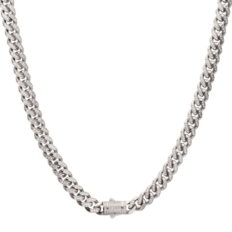 Gent's 8mm Stainless Steel Miami Cuban Chain Necklace with 1mm CNC Set Clear Cubic Zirconia