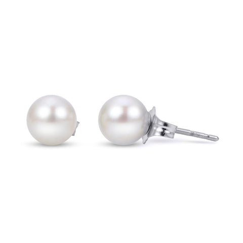 Lady's White 14 Karat "A" Cp Studs Earrings With 2=7.00Mm Akoya Pearls