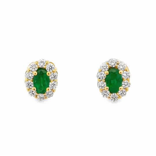 14 Karat Yellow Gold Halo Fashion Earrings with 6x4mm, "Better" Oval Cut Emeralds,  and Round Brilliant Cut Diamonds