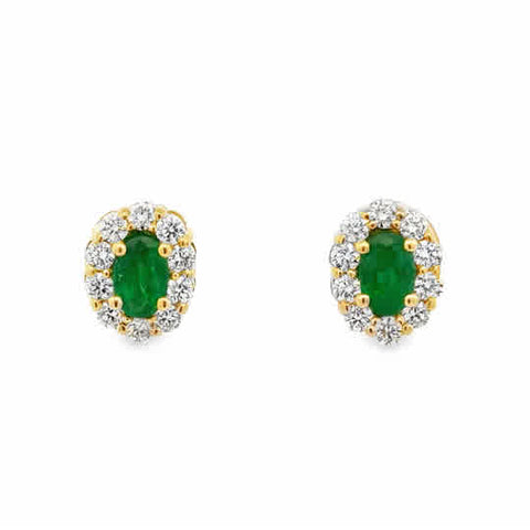 14 Karat Yellow Gold Halo Fashion Earrings with 6x4mm, "Better" Oval Cut Emeralds,  and Round Brilliant Cut Diamonds