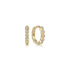 14 Karat Yellow Gold Bezel Huggie Hoops with Round Brilliant Cut Diamonds