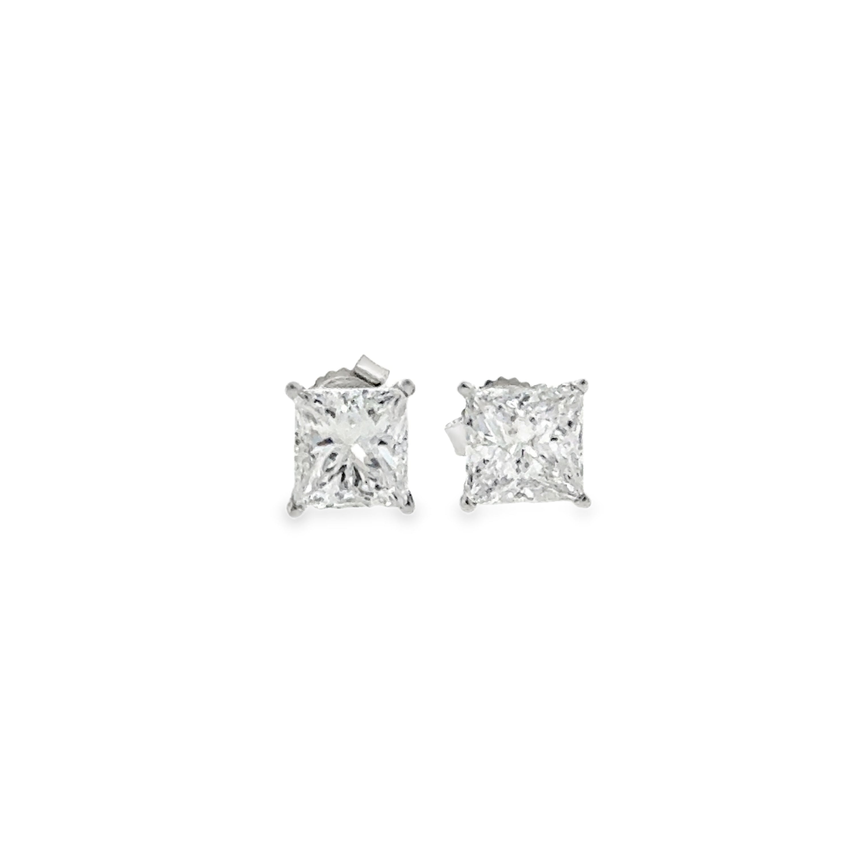 14 Karat White Gold Four Prong Princess Cut Stud Earrings, 2.00ctw J/K I1/I2
