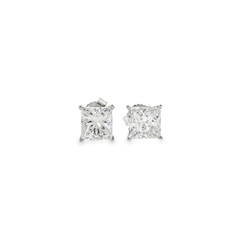 14 Karat White Gold Four Prong Princess Cut Stud Earrings, 2.00ctw J/K I1/I2