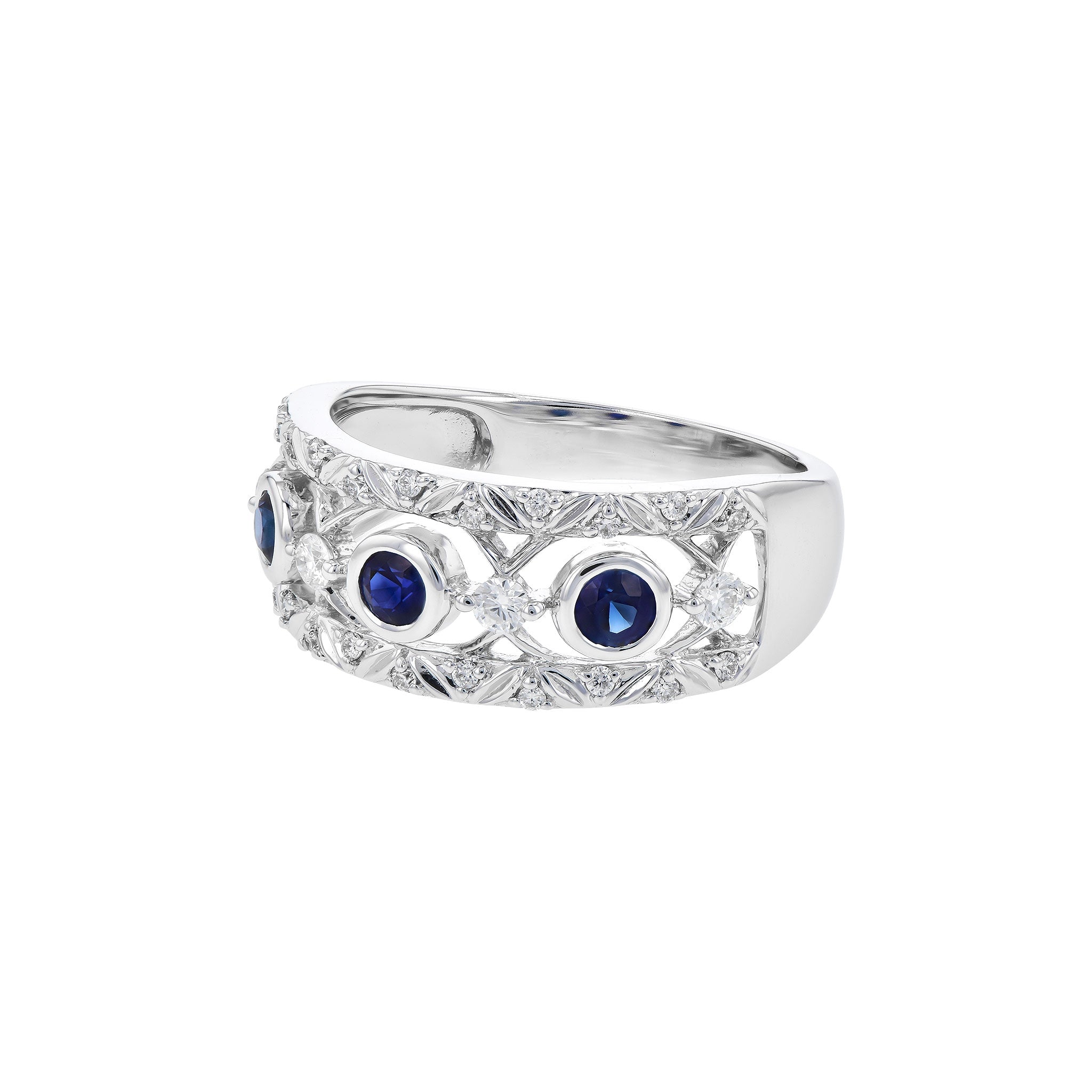 14 Karat White Gold Wide Anniversary Ring with .39ctw Sapphires and .23ctw Round Brilliant Cut Diamonds
