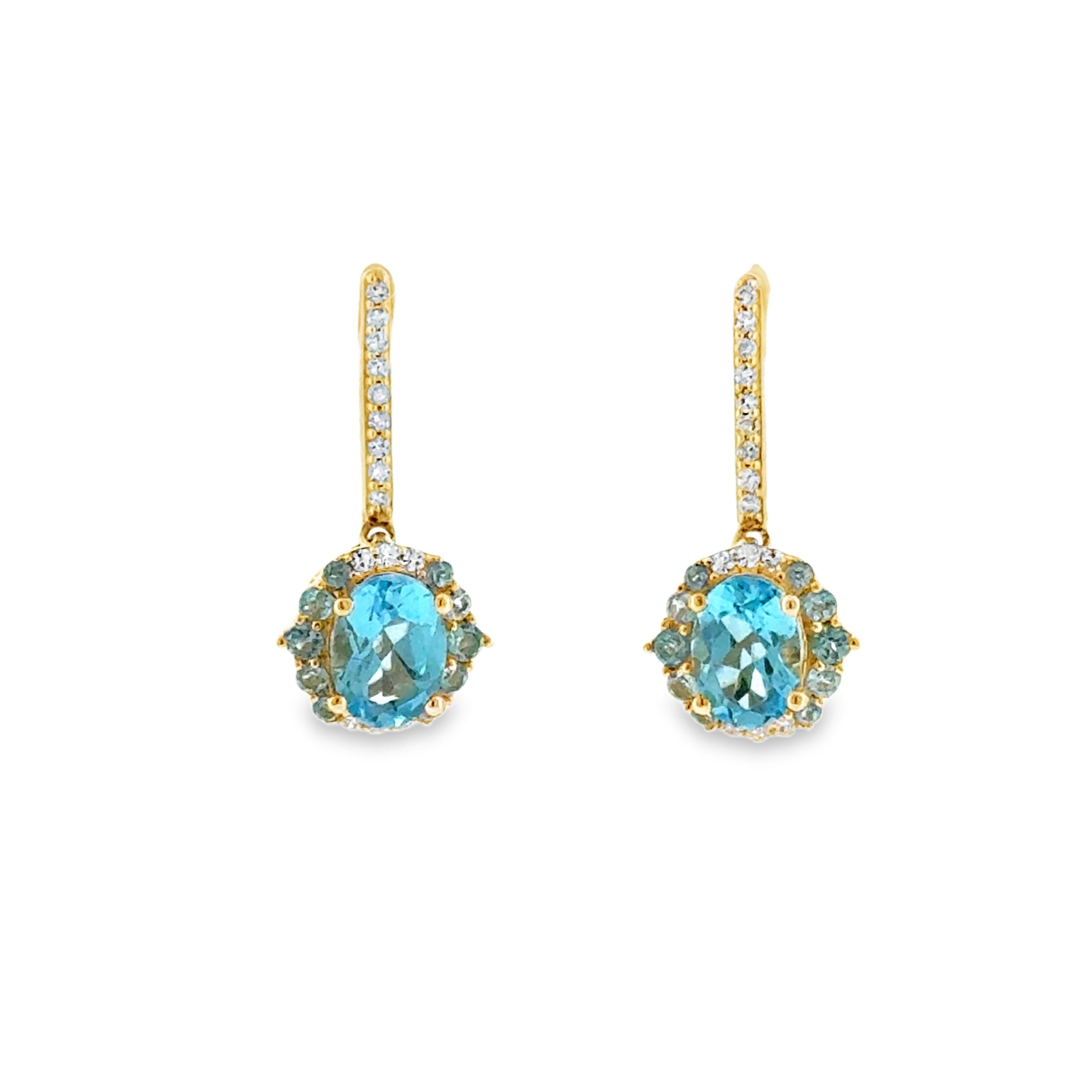 14 Karat Yellow Gold Dangle Fashion Earrings with 2.37ctw Blue Topaz and .16ctw Diamonds