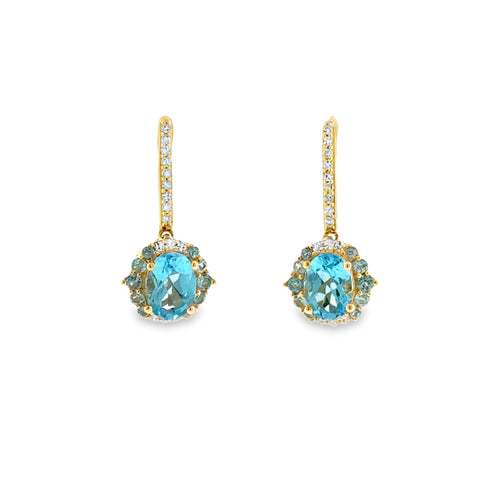 14 Karat Yellow Gold Dangle Fashion Earrings with 2.37ctw Blue Topaz and .16ctw Diamonds