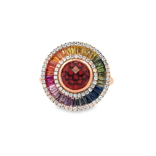 Lady's Rose 14 Karat Graduating Circle Halo With Faceted Bezel Center