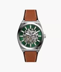 White Stainless Steel Fossil, Everett Automatic Brown Leather Watch St