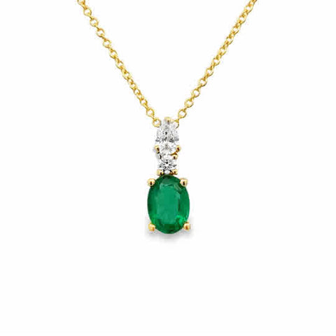 14 Karat Yellow Gold Pendant with 7x5mm, "Better" Oval Cut Emerald, Pear Cut and Round Brilliant Cut Diamonds