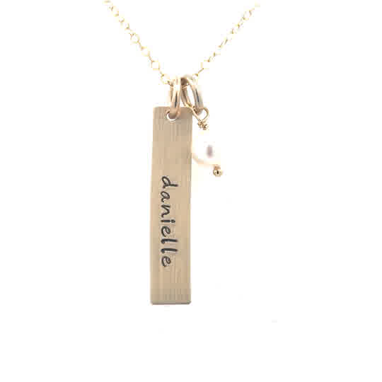 Lady's Yellow Gold Filled Rectangle Names With Single Pearl Necklace