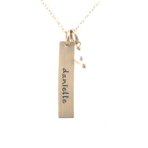 Lady's Yellow Gold Filled Rectangle Names With Single Pearl Necklace