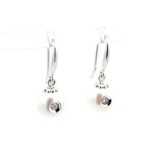 Lady's White 14 Karat Dangle Earrings With 2= Fresh Water Pearls And 2