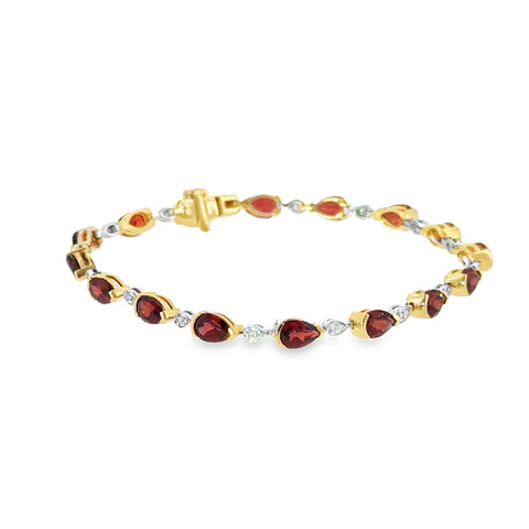 14 Karat Yellow Gold Link Style Bracelet with 6.44ctw Pear Cut Garnets and .16ctw Round Brilliant Cut Diamonds